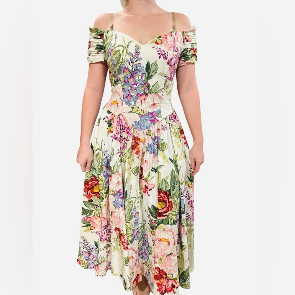Vintage Moda Int 80’s Floral Off-Shoulder Dress Back Zip